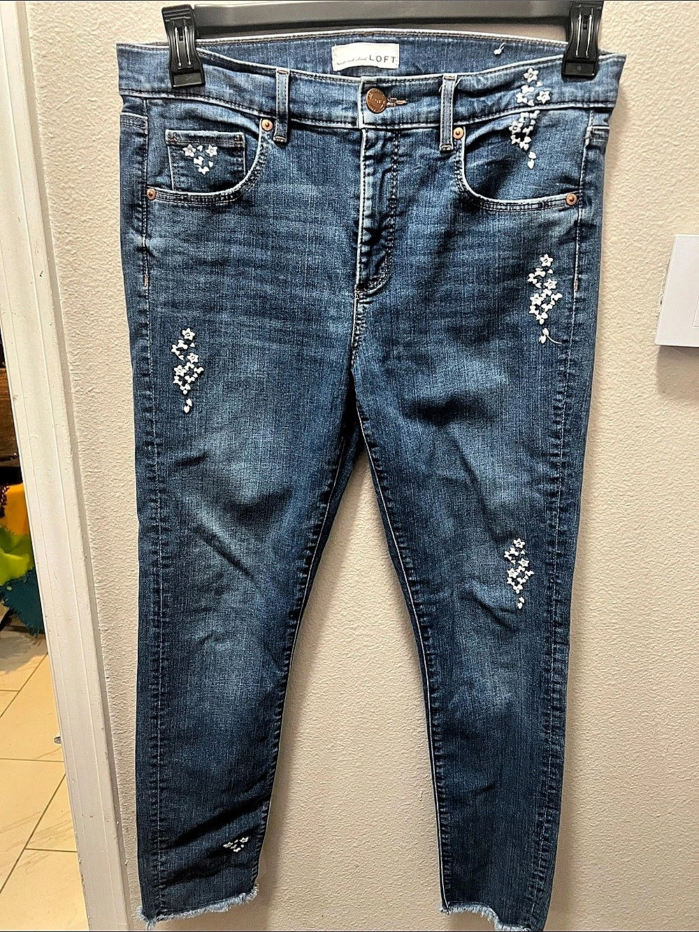 LOFT Modern Skinny Floral Embroidered Raw Hem Jeans Floral Skinny Jeans in Blue